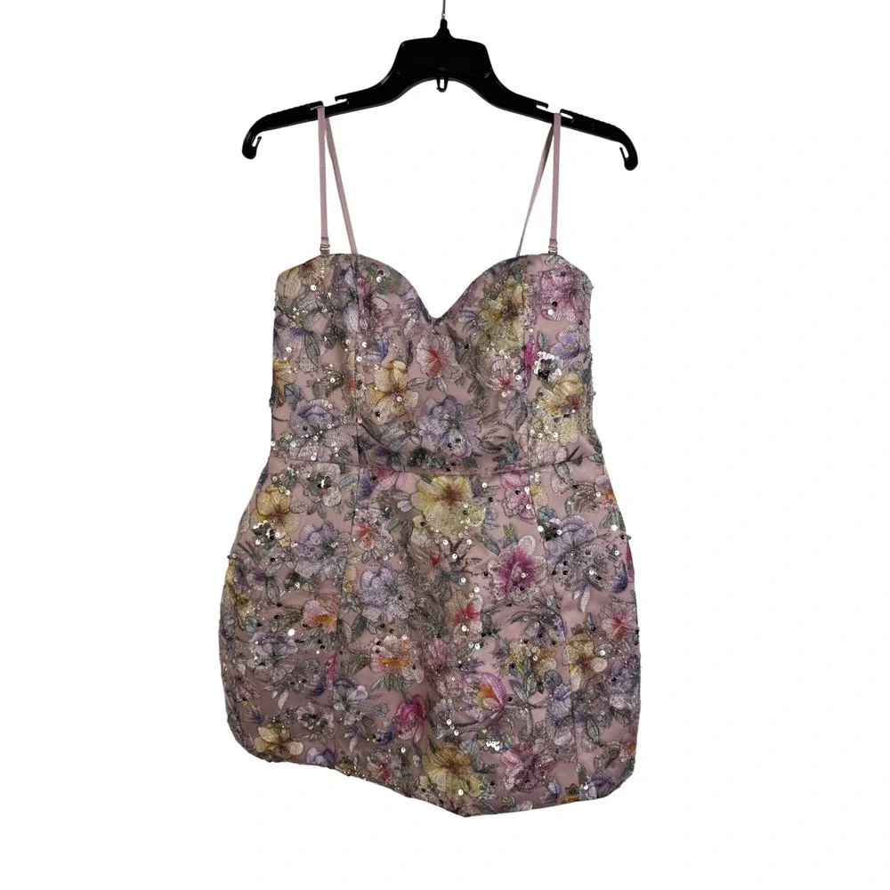 Oh Polly Floral Embroidered Sequin Mini Dress Strapless Lace Up Back Pink US 10 - Picture 4 of 10